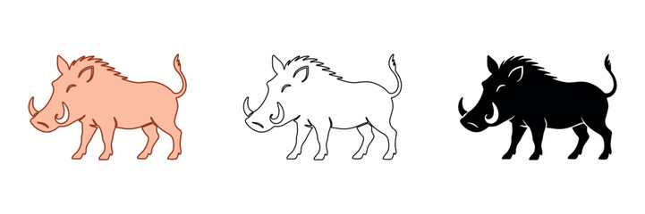 Fototapeta premium Collection of three stylized warthog illustrations in different styles