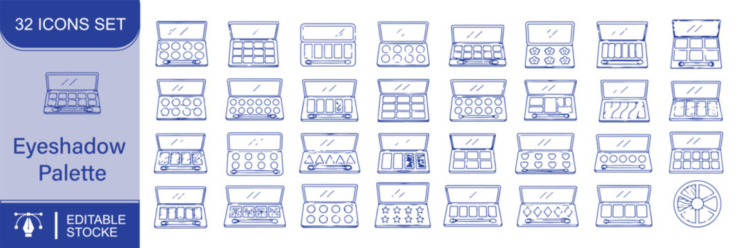 Eyeshadow Palette Vector Outline Icons Set &ndash; Eye Makeup Palette, Cosmetic Compact, Beauty Kit and Eyeshadow Line Symbols Collection
