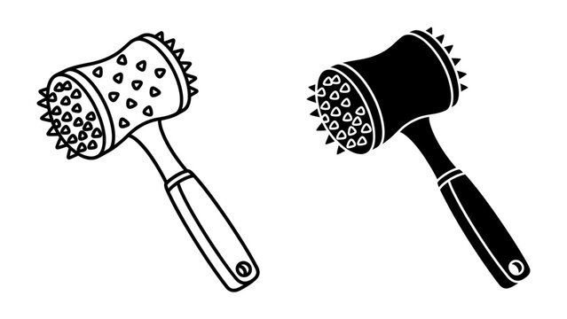 Meat Tenderizer in Outline and Silhouette: A kitchen tool designed to tenderize meat, shown in both a clear outline and a solid black silhouette, illustrating its form and function.
