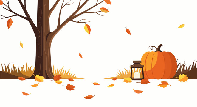 Autumn scene with a tree fallen leaves a pumpkin and a lantern