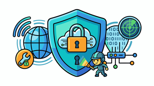 A cartoon character protects a shield with locks and a cloud