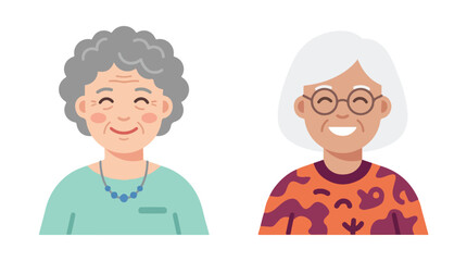 Obraz premium Cheerful and Diverse Elderly Women Smiling Portraits in Flat Vector Illustration Style