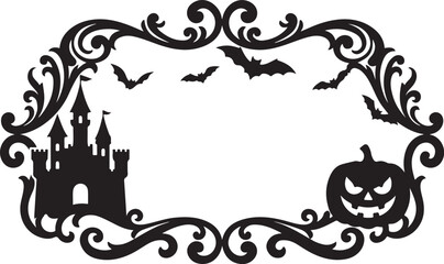 Gothic Halloween frame, spooky castle border, black filigree vector isolated on Transparent Background © Rana