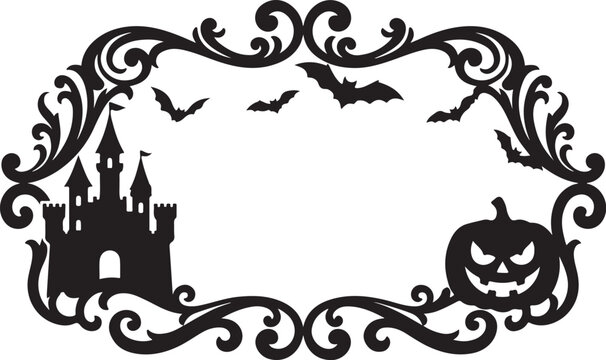Gothic Halloween frame, spooky castle border, black filigree vector isolated on Transparent Background
