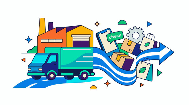 A stylized truck transports goods from a factory to digital devices and shopping bags representing logistics
