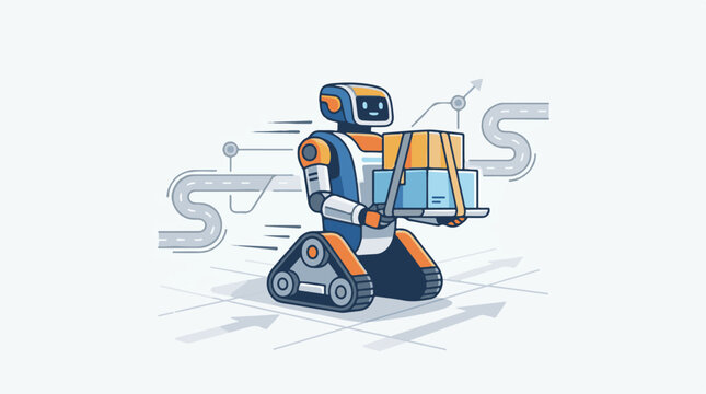 A smiling robot delivering a package on a map