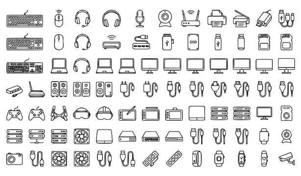 Professional Computer Accessories and PC Hardware Icon Collection Editable Vector Illustration
