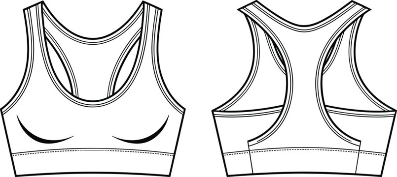 Front and back flat sketch of a white sports bra with racerback straps and curved bust detail athletic wear