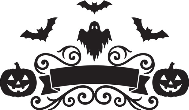 Halloween banner vector, spooky ghost and pumpkin frame, bat border isolated on Transparent Background