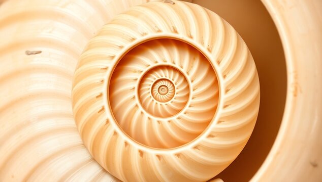 Macro view of nautilus shell showing golden ratio spiral pattern