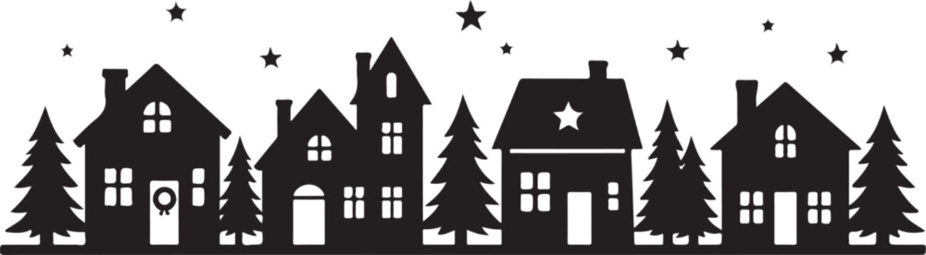 Christmas village silhouette, winter town houses, holiday vector isolated on Transparent Background