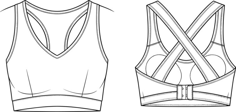 Front and back line drawings of a sports bra with aV-neck and criss-cross straps athletic wear activewear
