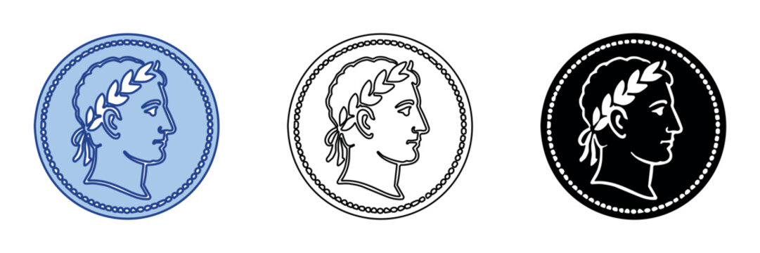 Roman emperor profile on coin in three distinct graphic styles