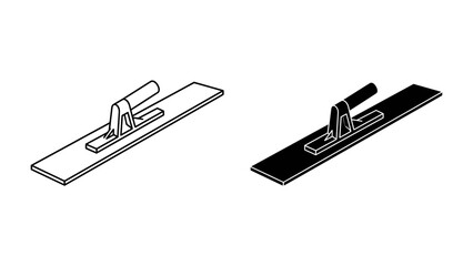 Concrete Trowel Tool: A flat concrete trowel with a handle, depicted in both line art and silhouette, is a construction tool used for smoothing concrete surfaces. © Md