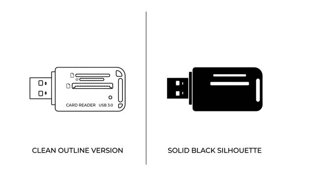USB Card Reader Comparison: Two distinct representations of a USB card reader, one as a clean outline and the other as a solid black silhouette, illustrating different design styles.