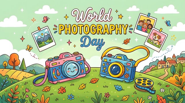 World photography day colorful illustration with cartoon cameras and polaroids