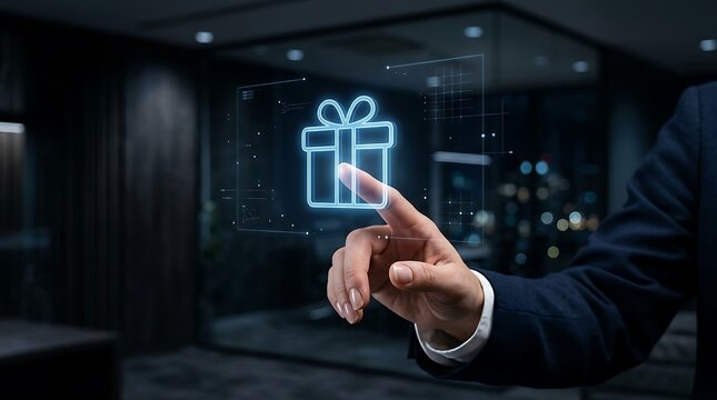 A business person touching a glowing digital gift box hologram in a dark office environment representing rewards, bonuses, or special offers