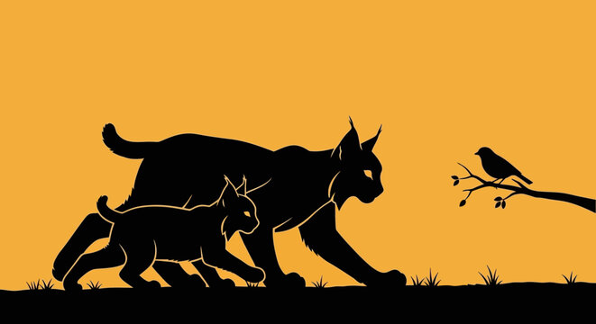 Silhouette of Lynx and Cub Hunting Bird at Sunset.