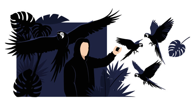 Woman interacting with tropical birds in nature scene.