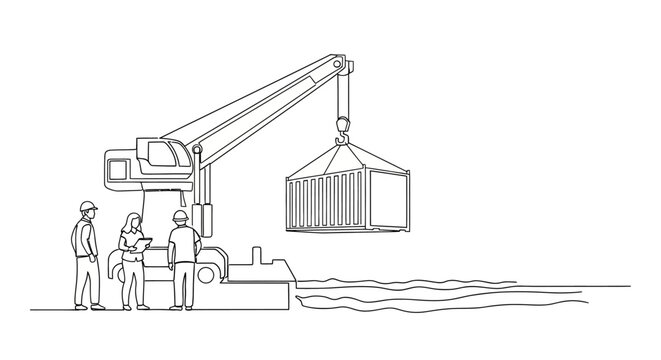 Crane lifting shipping container at port with workers observing.