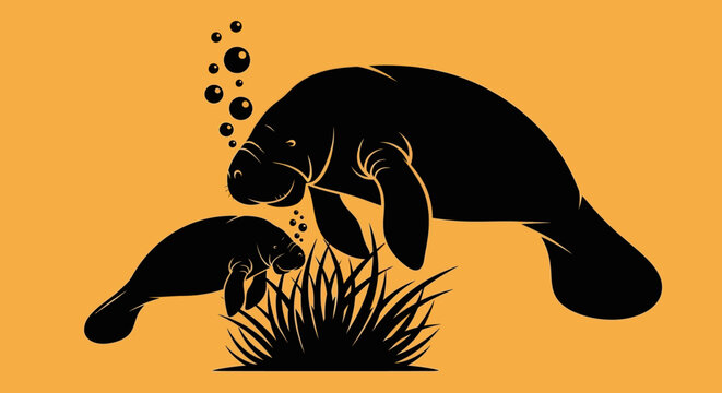 Manatee and Calf Silhouette in Nature Scene.