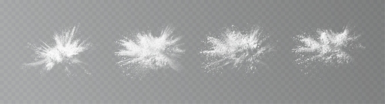 White powder explosion with flying dust particles isolated on a transparent background.