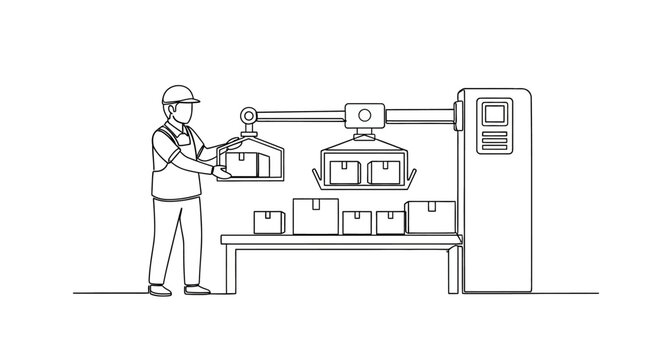 Worker operating automated packaging machine in factory.