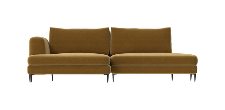 Modern modular sectional sofa in a warm ochre velvet fabric with black metal legs