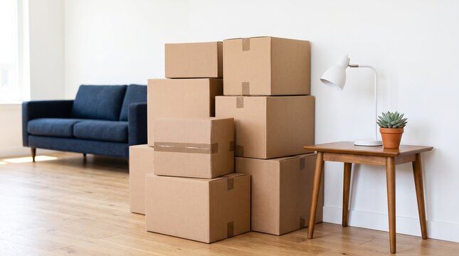 Stack of cardboard boxes in empty room with sofa. Moving to new house or apartment. Relocation process