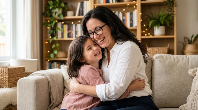Woman hugging child on sofa in living room. Happy mother and young daughter laughing together at home. Family love, lifestyle and togetherness concept in domestic setting.