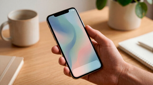 Hand holding modern smartphone with colorful abstract wallpaper on minimalist wooden desk