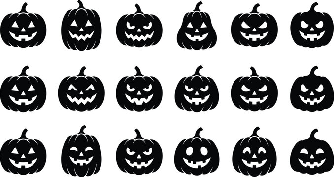 Set of black halloween pumpkin silhouettes with scary carved faces for seasonal decoration