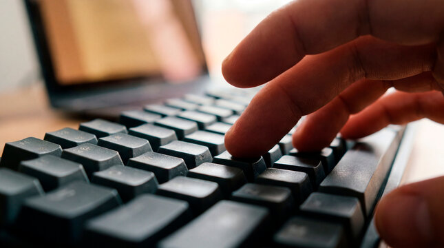Close up of finger pressing key on computer keyboard while typing at office desk