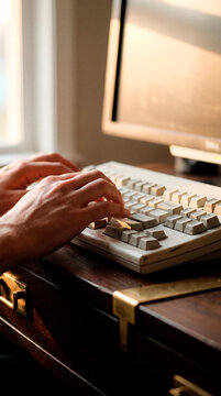Mans hands typing on vintage computer keyboard in warm sunlit home workspace