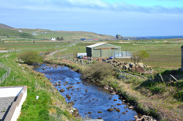 Stream flowing through rural farmland with green pastures and farm building © Bonnie C