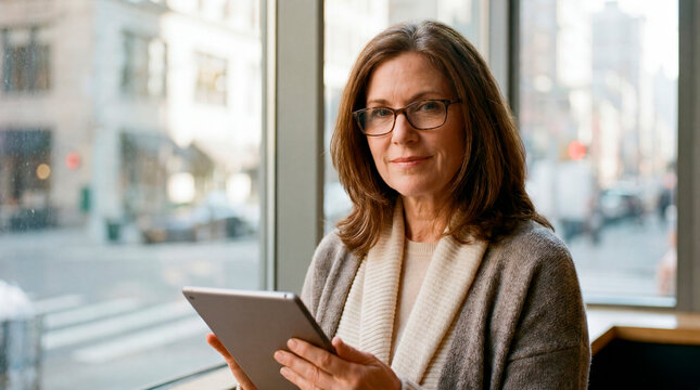 Confident mature businesswoman with glasses holding digital tablet by city window