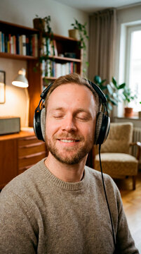 Relaxed young man wearing headphones enjoying music with eyes closed at home