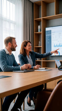 Business colleagues analyzing data dashboard on screen during office strategy meeting