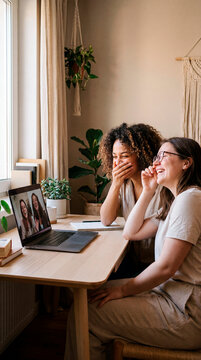 Two women laughing together during video call on laptop at cozy home table