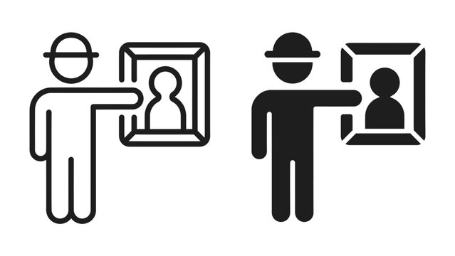 Art Appreciation Icon: A minimalist graphic depicting a person admiring a framed portrait, shown in both outline and solid black, representing the act of art appreciation and museum visit.