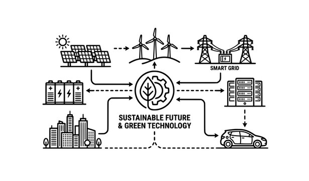 Sustainable future and green technology infrastructure concept map. Renewable energy ecosystem with solar panels, wind turbines, smart grid, battery storage and electric car vector icons
