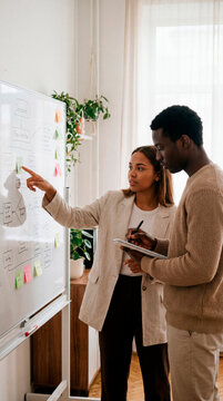 Young colleagues planning project on whiteboard flowchart with sticky notes in office