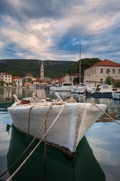 Traditional wooden rowboat moored in Jelsa harbor, Hvar island
