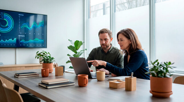 Business colleagues discussing data analytics on laptop in modern meeting room