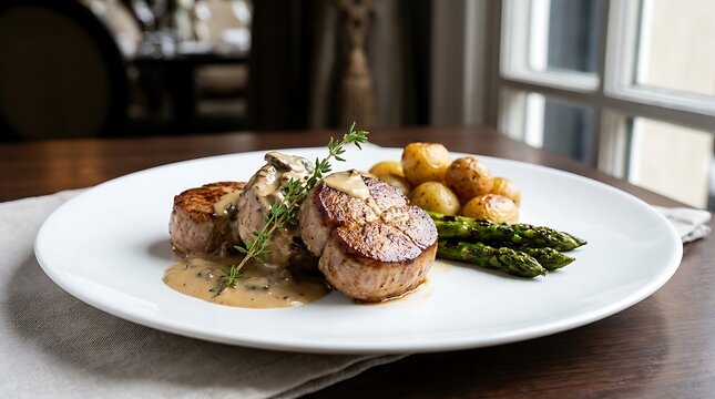 Delicious grilled pork tenderloin served with fresh roasted asparagus and small potatoes on a plate. schweinemedaillons