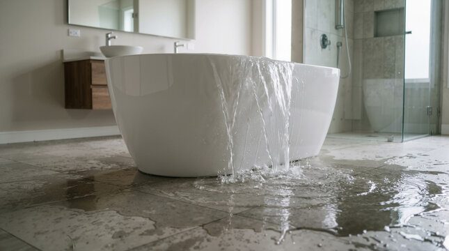 White freestanding bathtub overflowing with water in a modern bathroom. Plumbing emergency and water damage concept. Flooded tiled floor