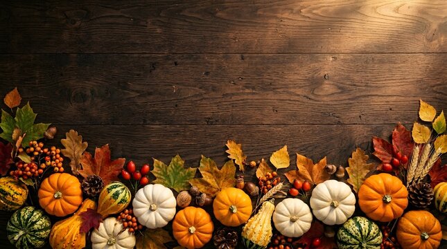 Colorful pumpkins and autumn leaves on a dark rustic wooden background for thanksgiving celebration