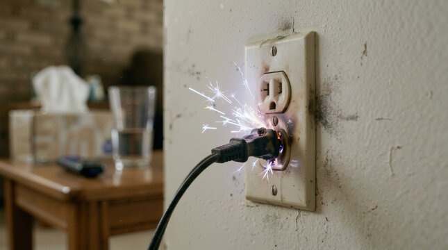 Electrical hazard with sparks shooting from a wall outlet. Short circuit and fire danger concept in a domestic home interior. Faulty wiring causing an emergency alarm