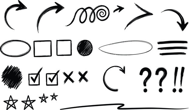 Black and white illustration of various symbols and icons