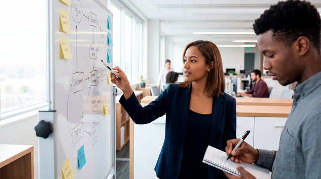 Young businesswoman explaining flowchart on whiteboard to colleague in busy office